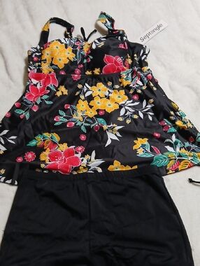 Septangle Black Floral Tankini Top with Black Bikini Bottoms